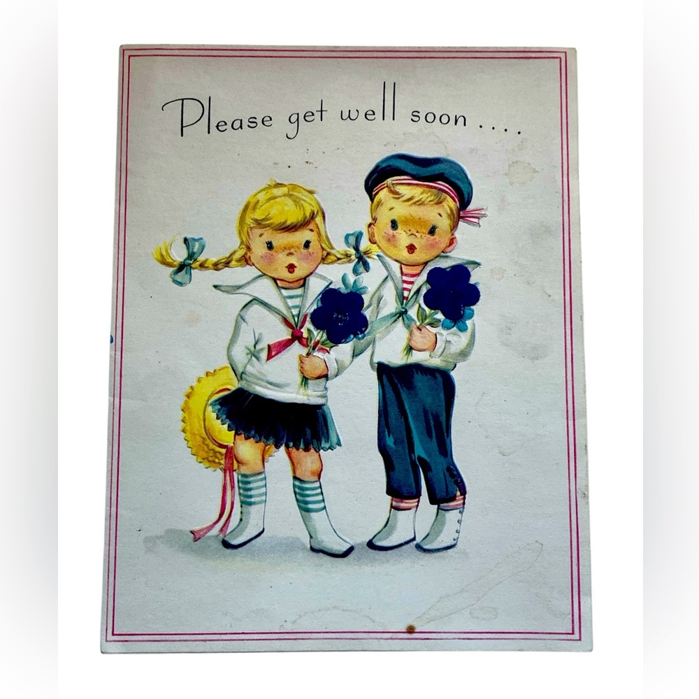 Vintage 1950’s Get Well Soon Card with Children Illustration Paper Ephemera